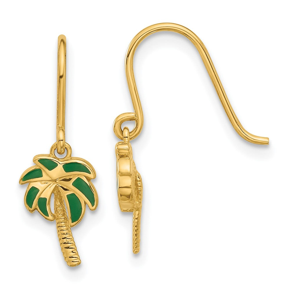 14k Yellow Gold 7.5 mm Polished Green Enameled Palm Tree Shepherd Hook Dangle Earrings (1.28 grams)