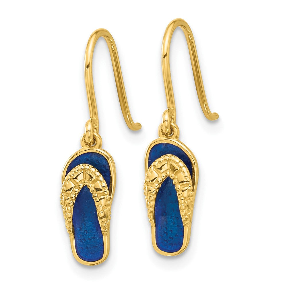 14k Yellow Gold 5.2 mm Polished Blue Enameled Flip Flop Shepherd Hook Dangle Earrings (1.3 grams)