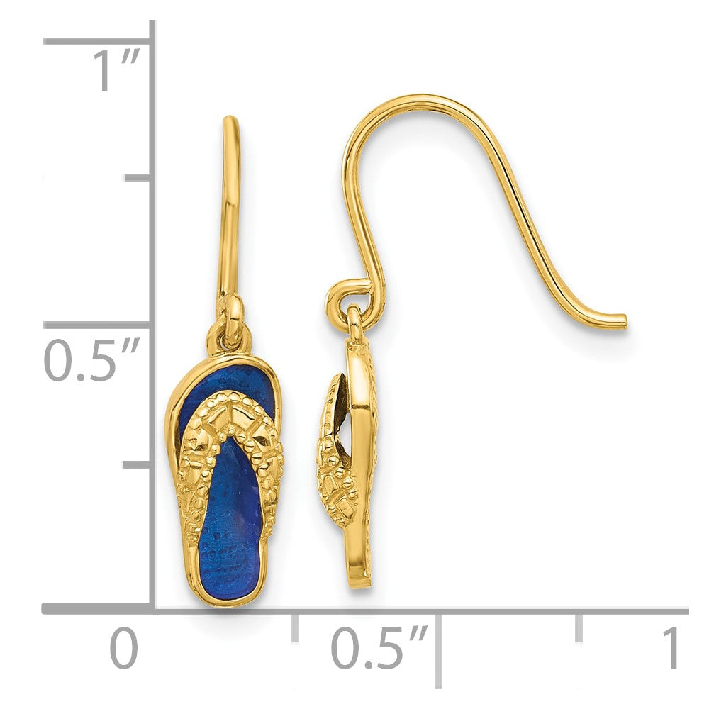 14k Yellow Gold 5.2 mm Polished Blue Enameled Flip Flop Shepherd Hook Dangle Earrings (1.3 grams)