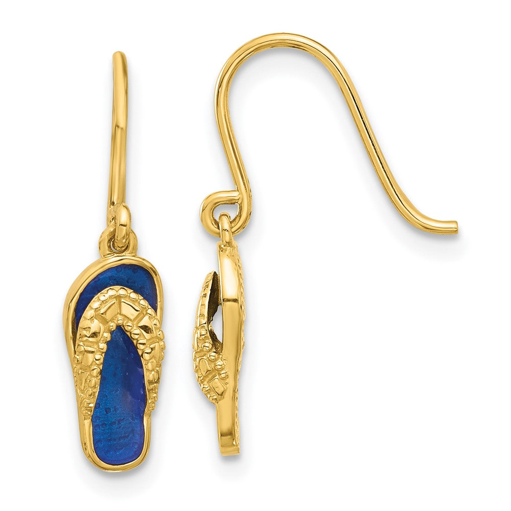 14k Yellow Gold 5.2 mm Polished Blue Enameled Flip Flop Shepherd Hook Dangle Earrings (1.3 grams)