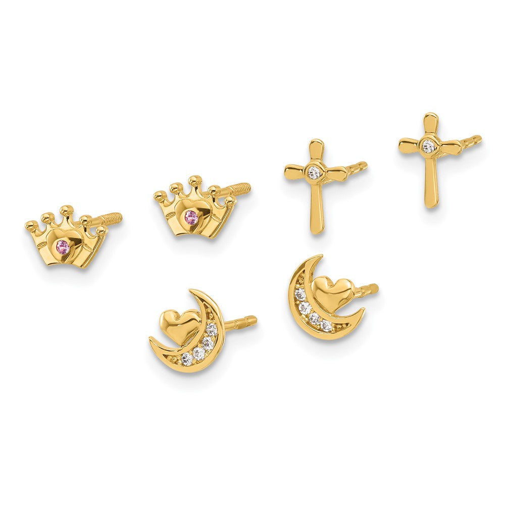 14K Polished Clear and Pink CZ Moon/Cross/Crown 3-Pair Post Earring Set (1.1 grams)