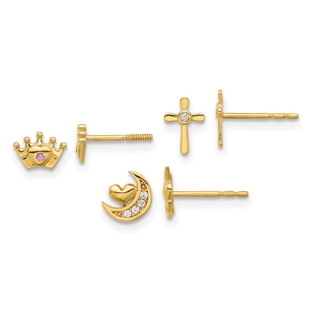 14K Polished Clear and Pink CZ Moon/Cross/Crown 3-Pair Post Earring Set (1.1 grams)