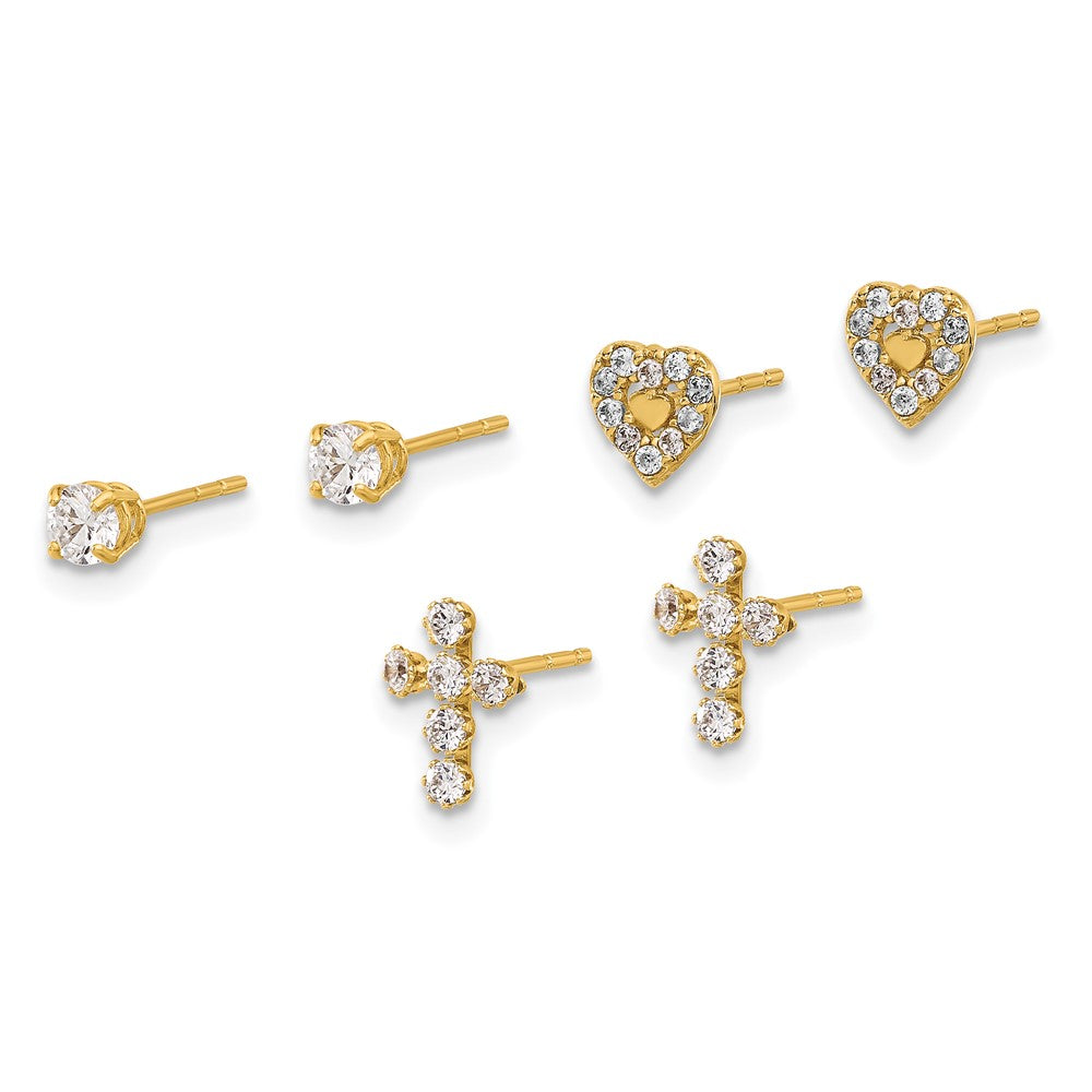 14K Polished 3mm CZ/Cross/Heart 3-Pair Post Earring Set (0.84 grams)