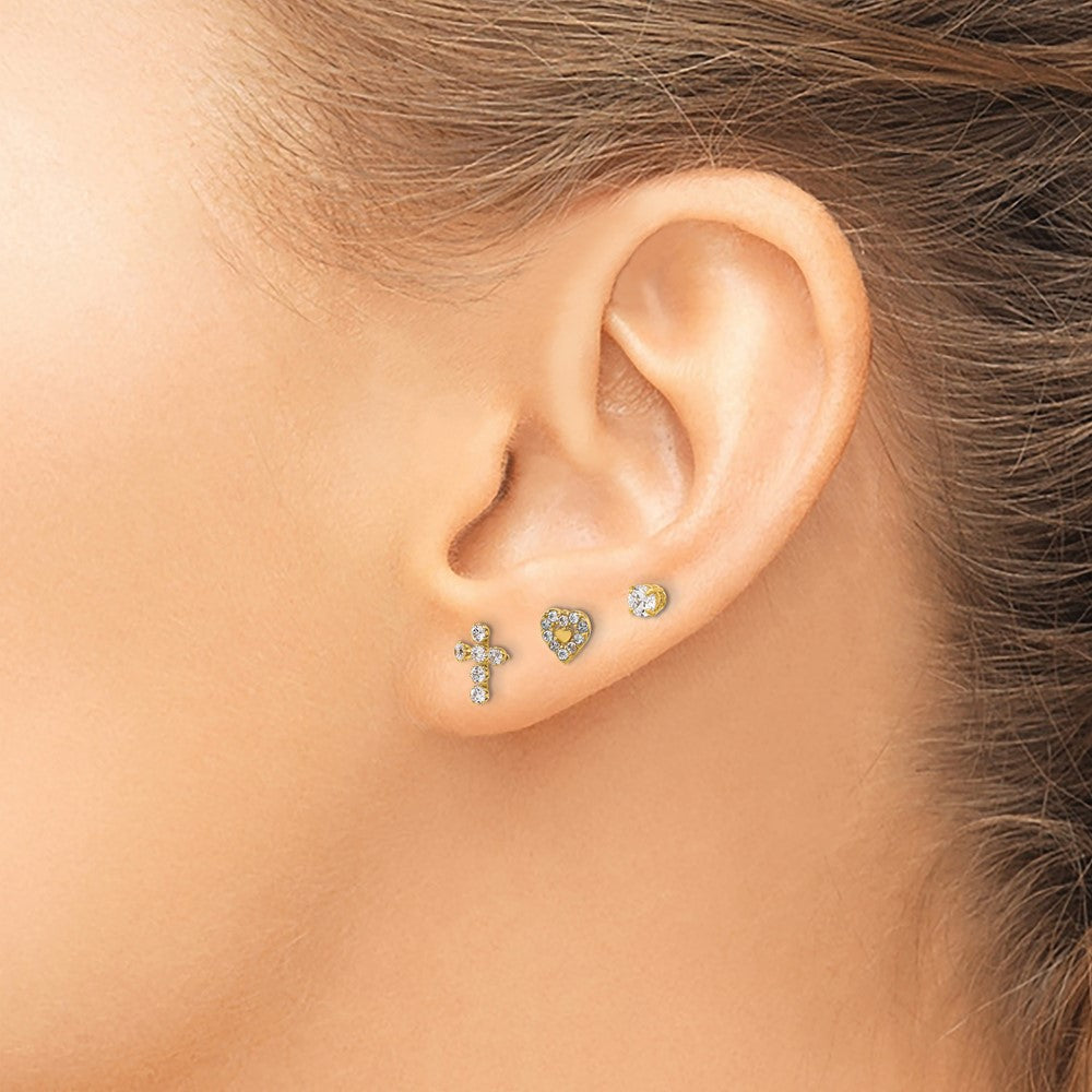 14K Polished 3mm CZ/Cross/Heart 3-Pair Post Earring Set (0.84 grams)