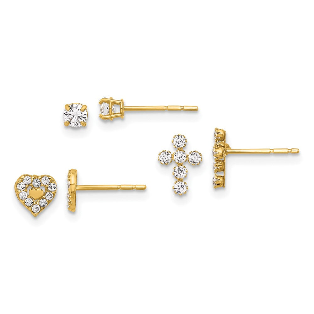 14K Polished 3mm CZ/Cross/Heart 3-Pair Post Earring Set (0.84 grams)