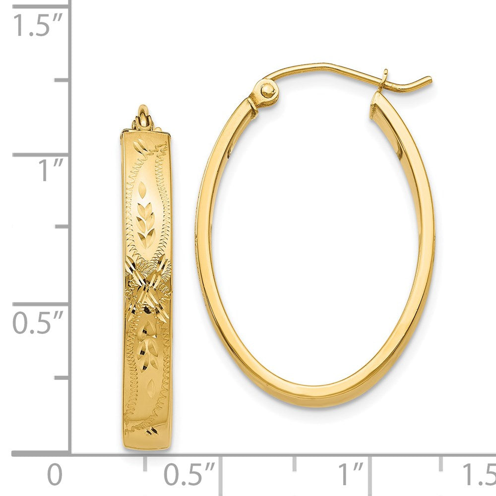 14k Yellow Gold 20 mm Satin & Diamond-Cut Oval Hoop Earrings (2.46 grams)