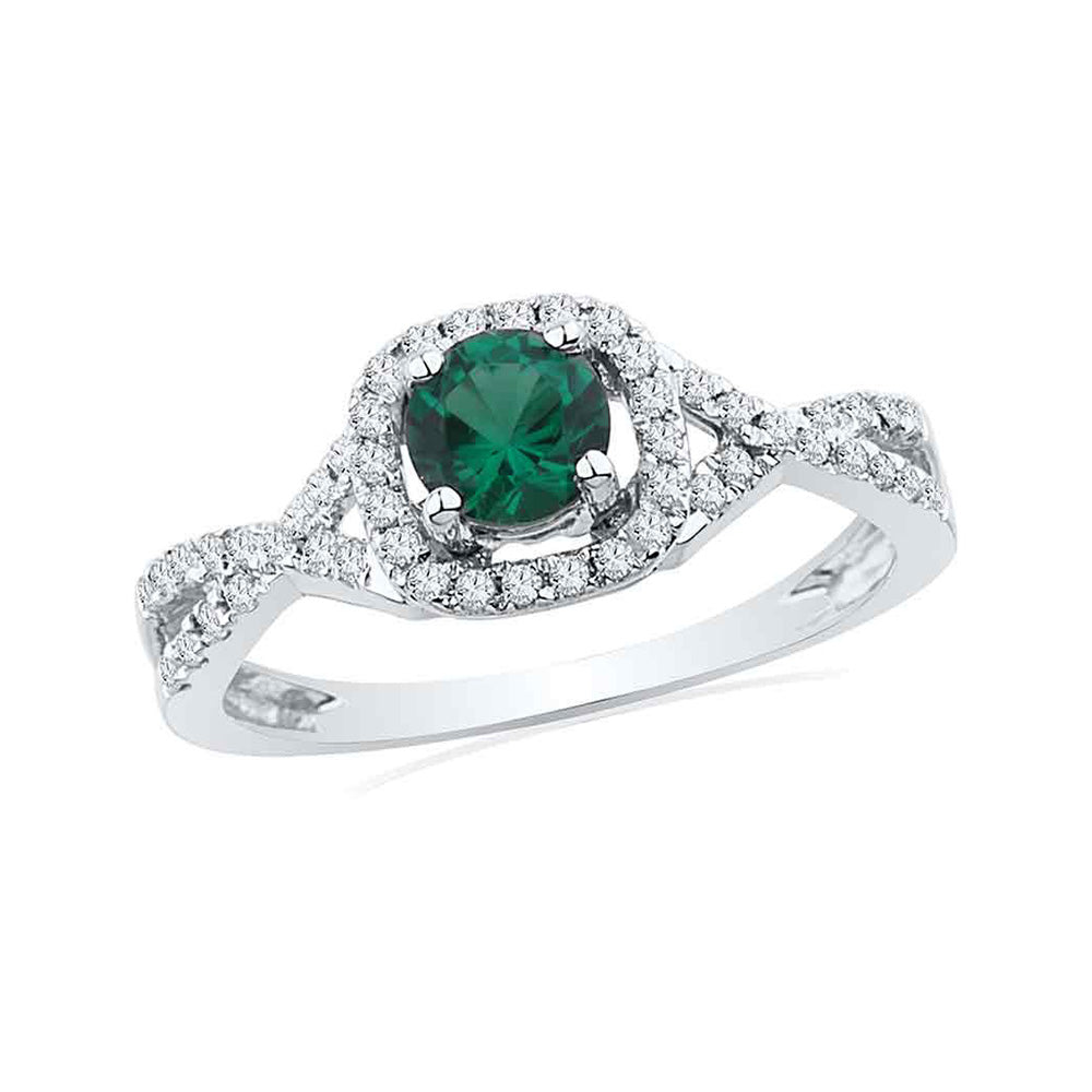 10kt White Gold Womens Round Lab-Created Emerald Solitaire Diamond Ring 3/4 Cttw