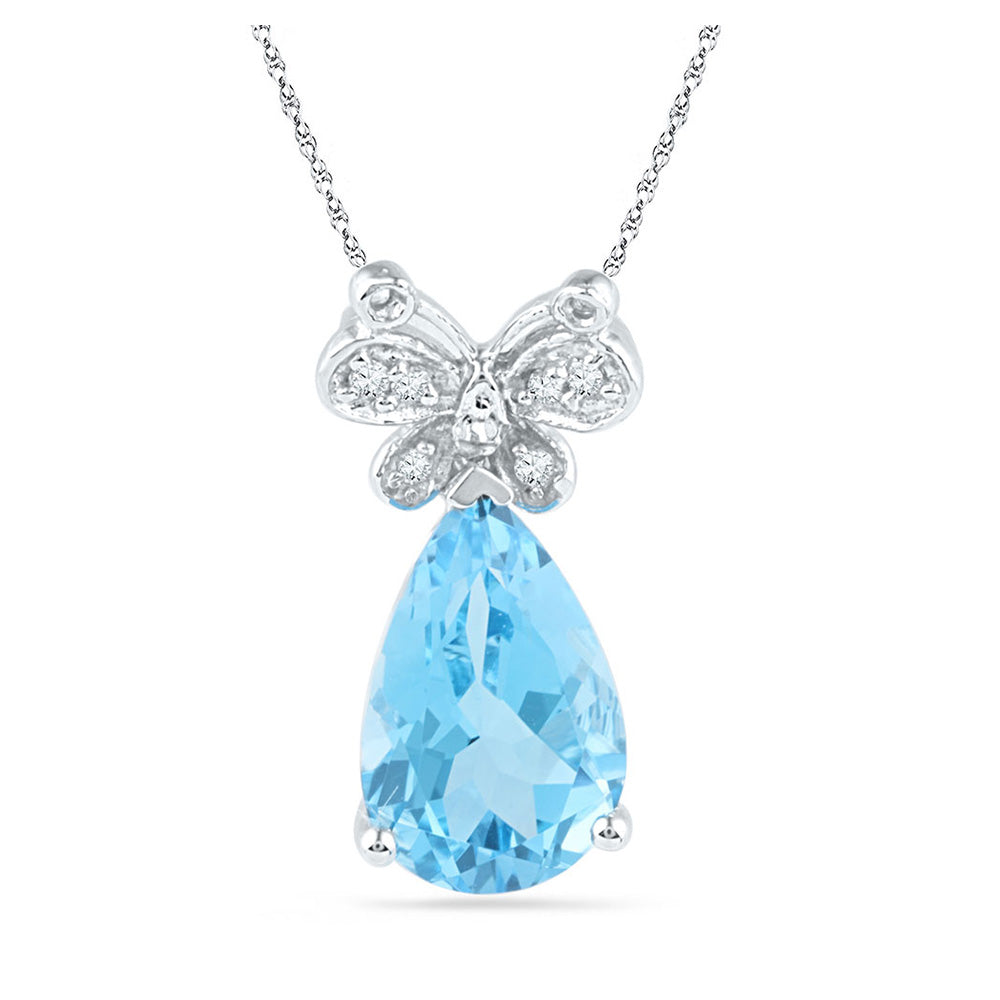 10kt White Gold Womens Pear Lab-Created Blue Topaz Butterfly Bug Diamond Pendant 2-1/2 Cttw