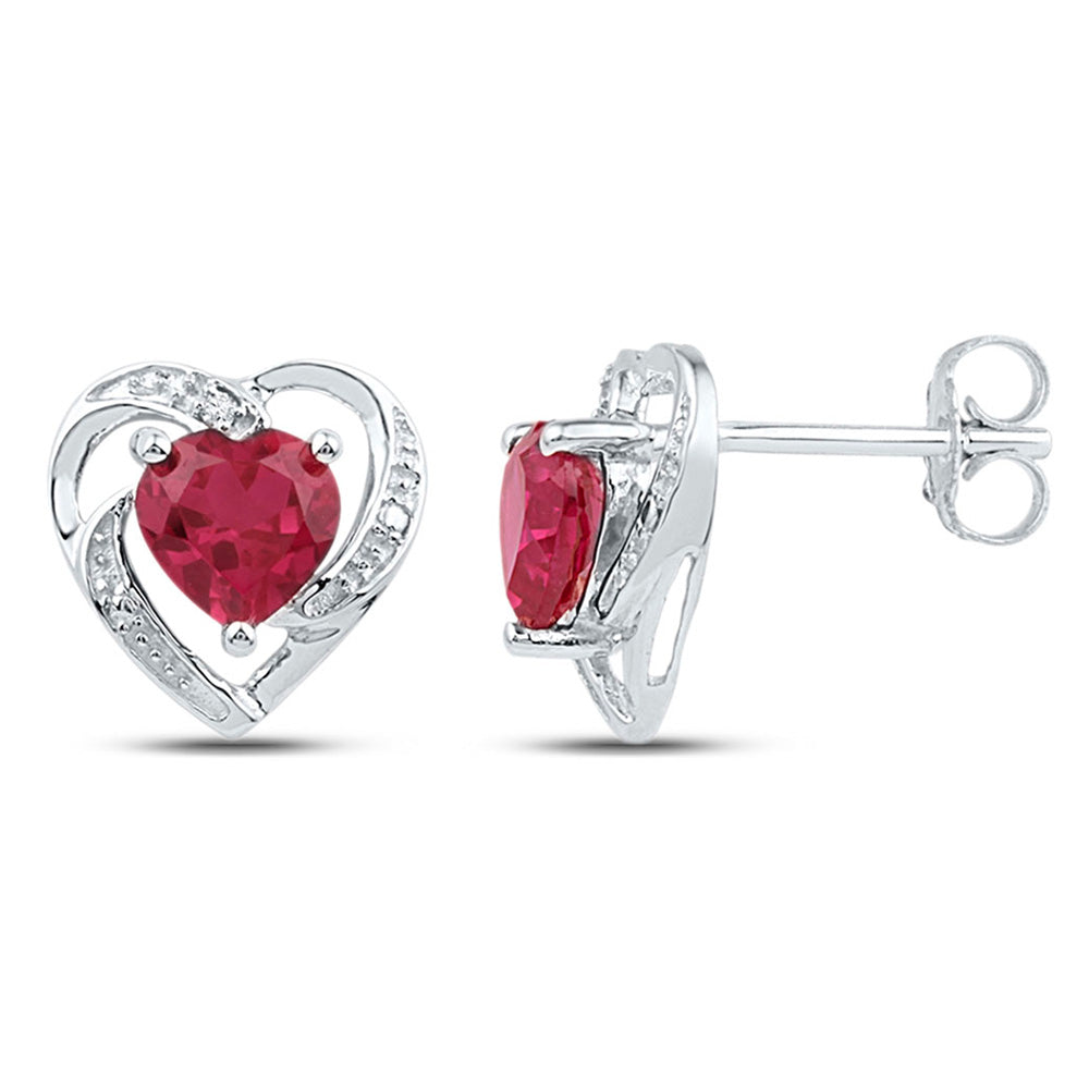 10kt White Gold Womens Round Synthetic Ruby Diamond Heart Earrings 3/8 Cttw
