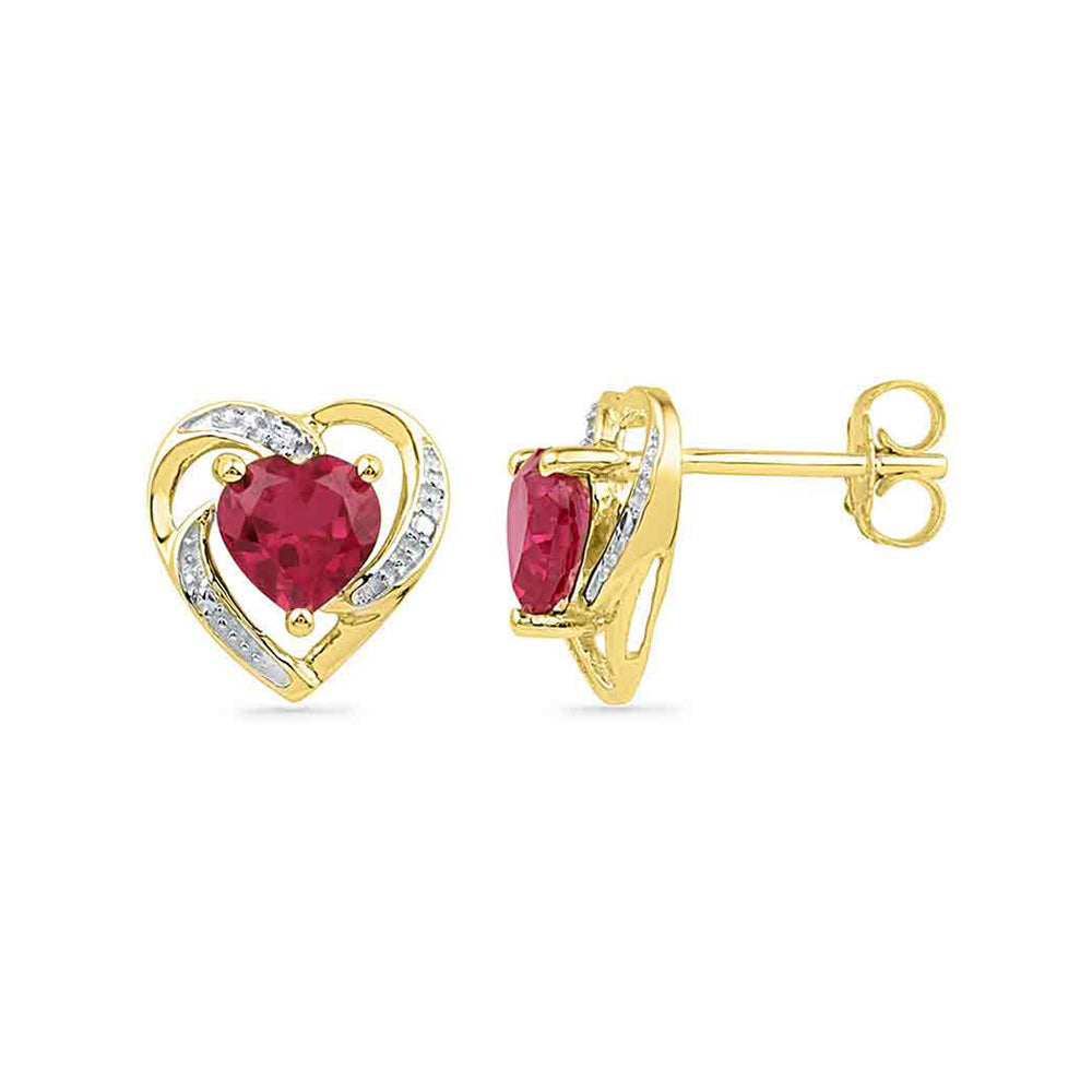 10kt Yellow Gold Womens Round Synthetic Ruby Diamond Heart Earrings 3/8 Cttw
