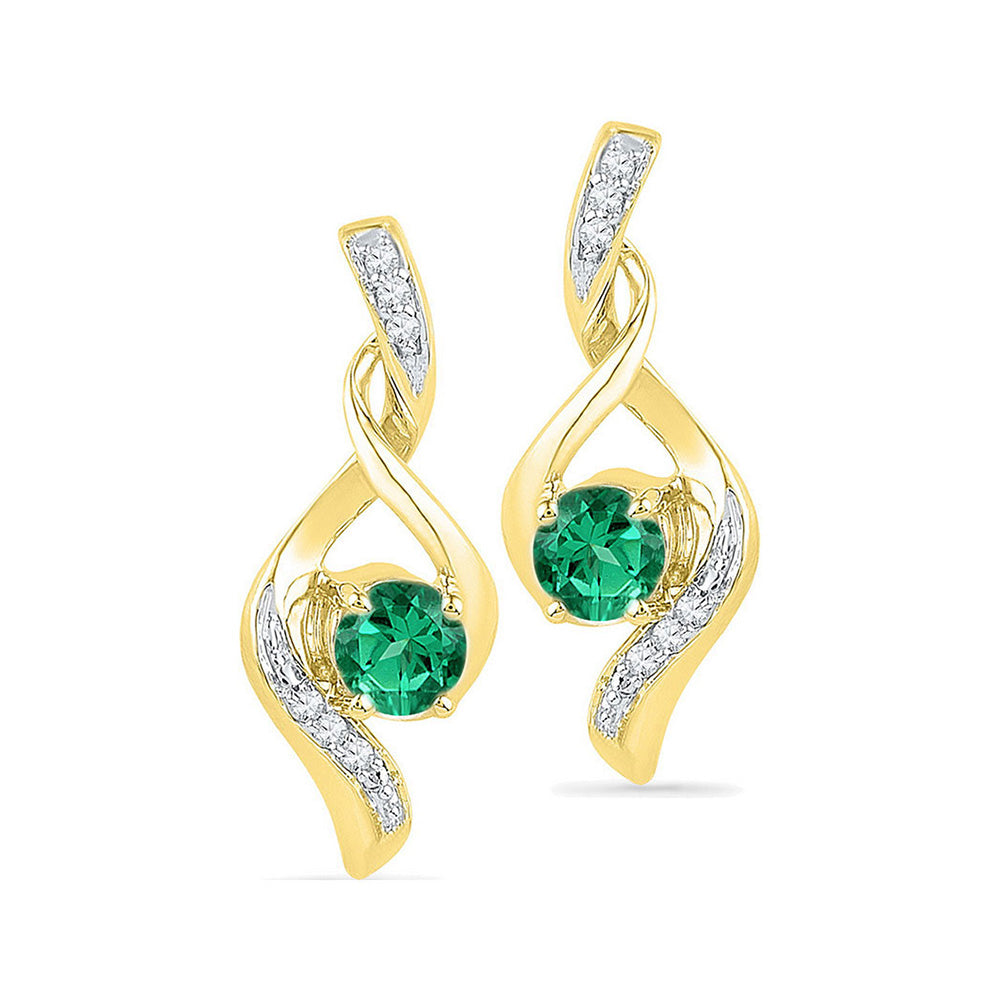 10kt Yellow Gold Womens Round Synthetic Emerald Solitaire Diamond Earrings 1/3 Cttw