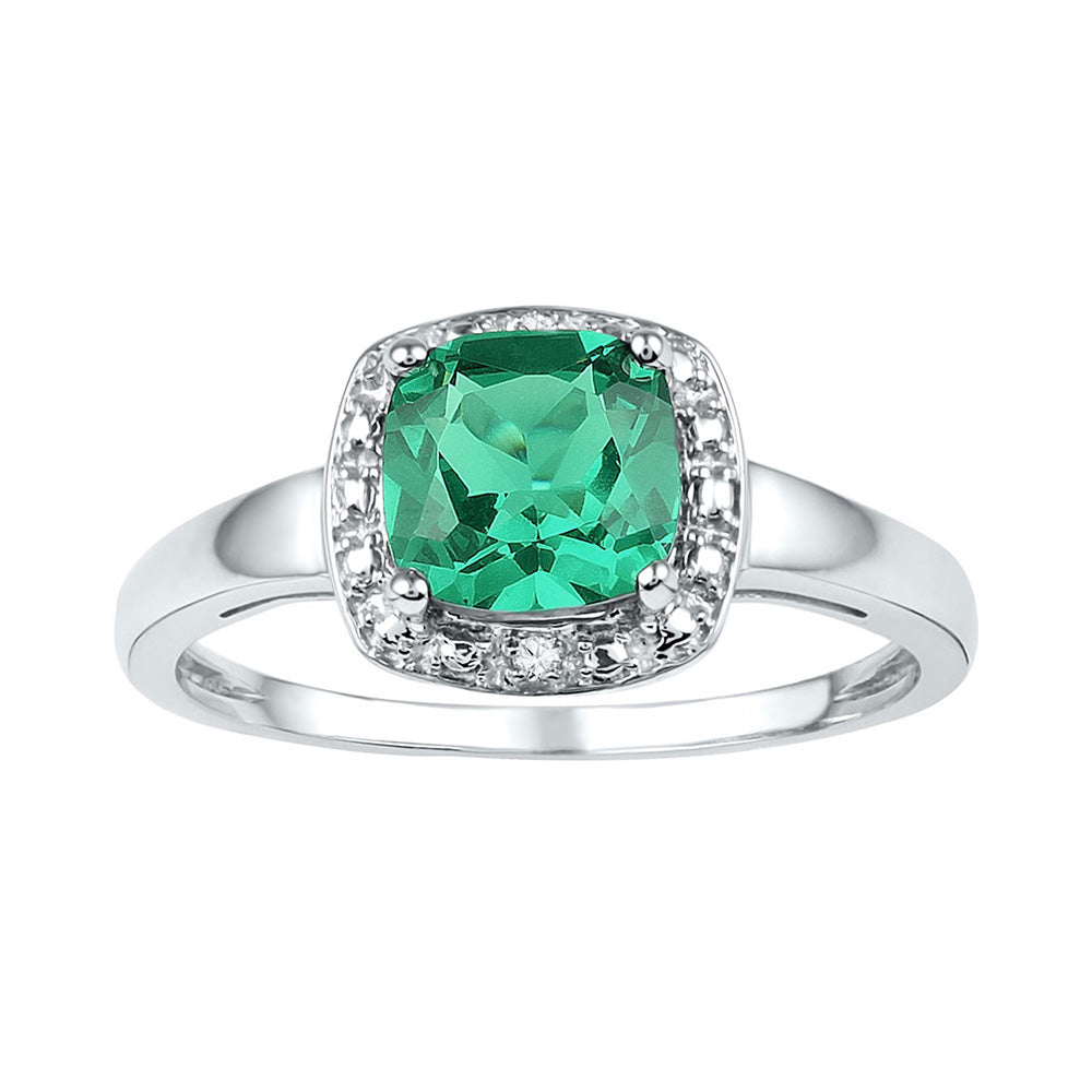 Sterling Silver Womens Cushion Lab-Created Emerald Solitaire Diamond Ring 1-3/4 Cttw