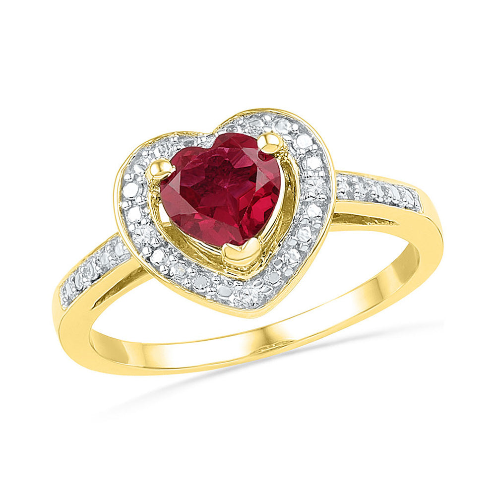 10kt Yellow Gold Womens Round Lab-Created Ruby Heart Ring 1 Cttw