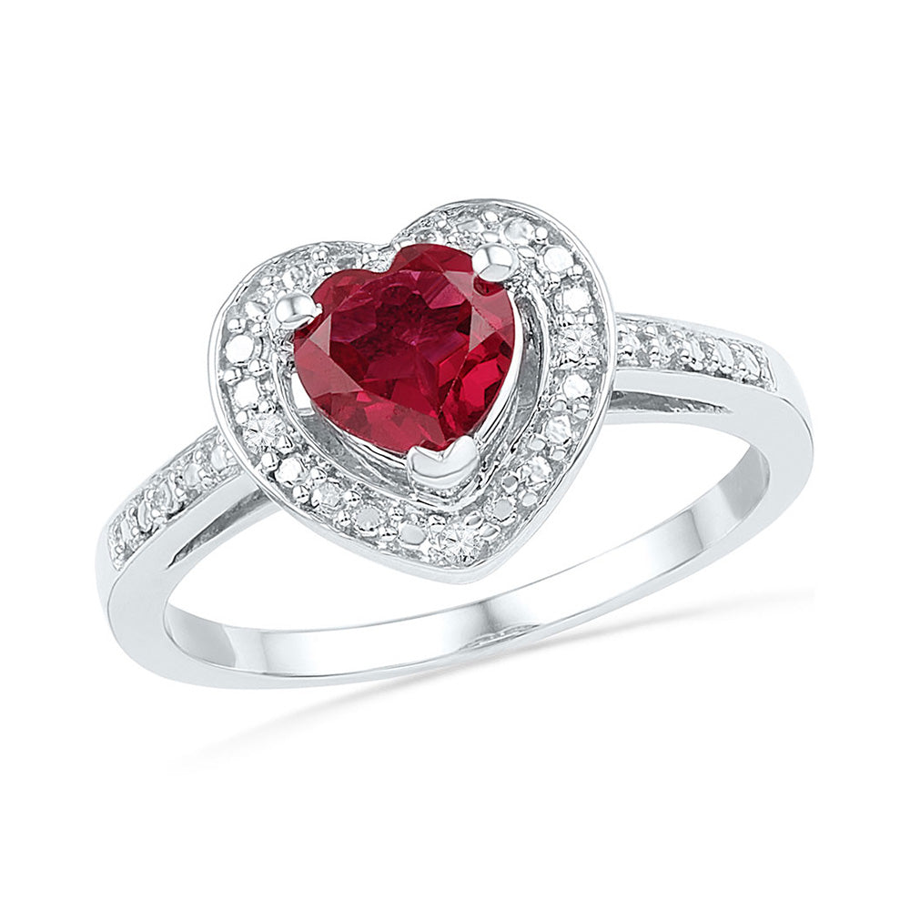 Sterling Silver Womens Round Lab-Created Ruby Heart Diamond Ring 1 Cttw