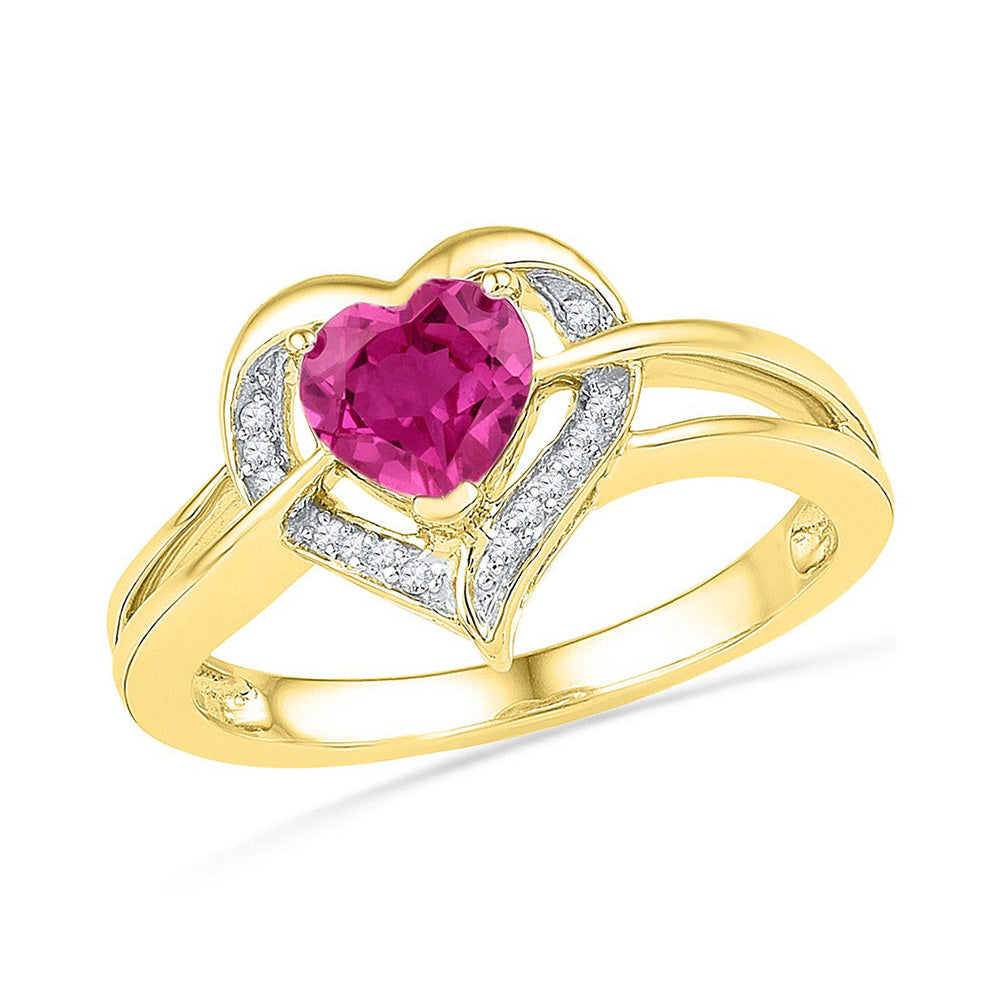 10kt Yellow Gold Womens Round Lab-Created Pink Sapphire Heart Ring 1 Cttw