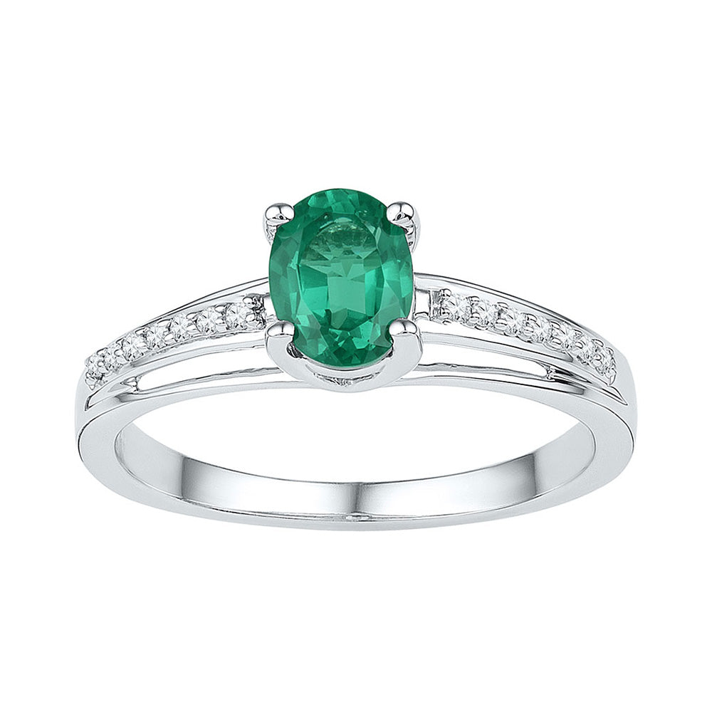 Sterling Silver Womens Oval Lab-Created Emerald Solitaire Diamond Ring 1/2 Cttw
