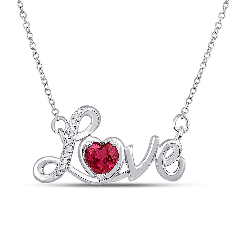 Sterling Silver Womens Heart Lab-Created Ruby Heart Necklace 1/2 Cttw