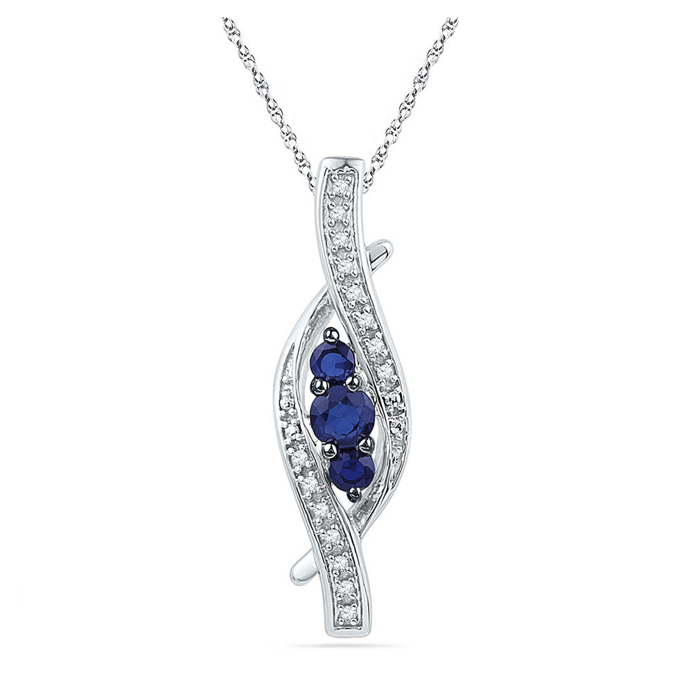 Sterling Silver Womens Round Synthetic Blue Sapphire Diamond Pendant 1/20 Cttw