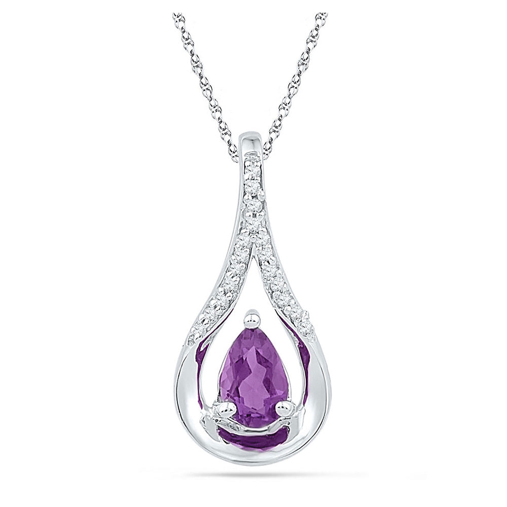 Sterling Silver Womens Pear Synthetic Amethyst Solitaire Diamond Teardrop Pendant 1/2 Cttw