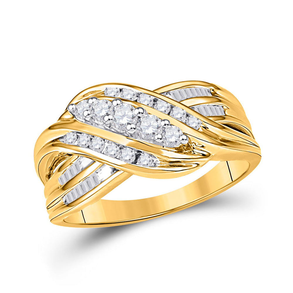 10kt Yellow Gold Womens Round Diamond 5-Stone Crossover Band Ring 1/2 Cttw