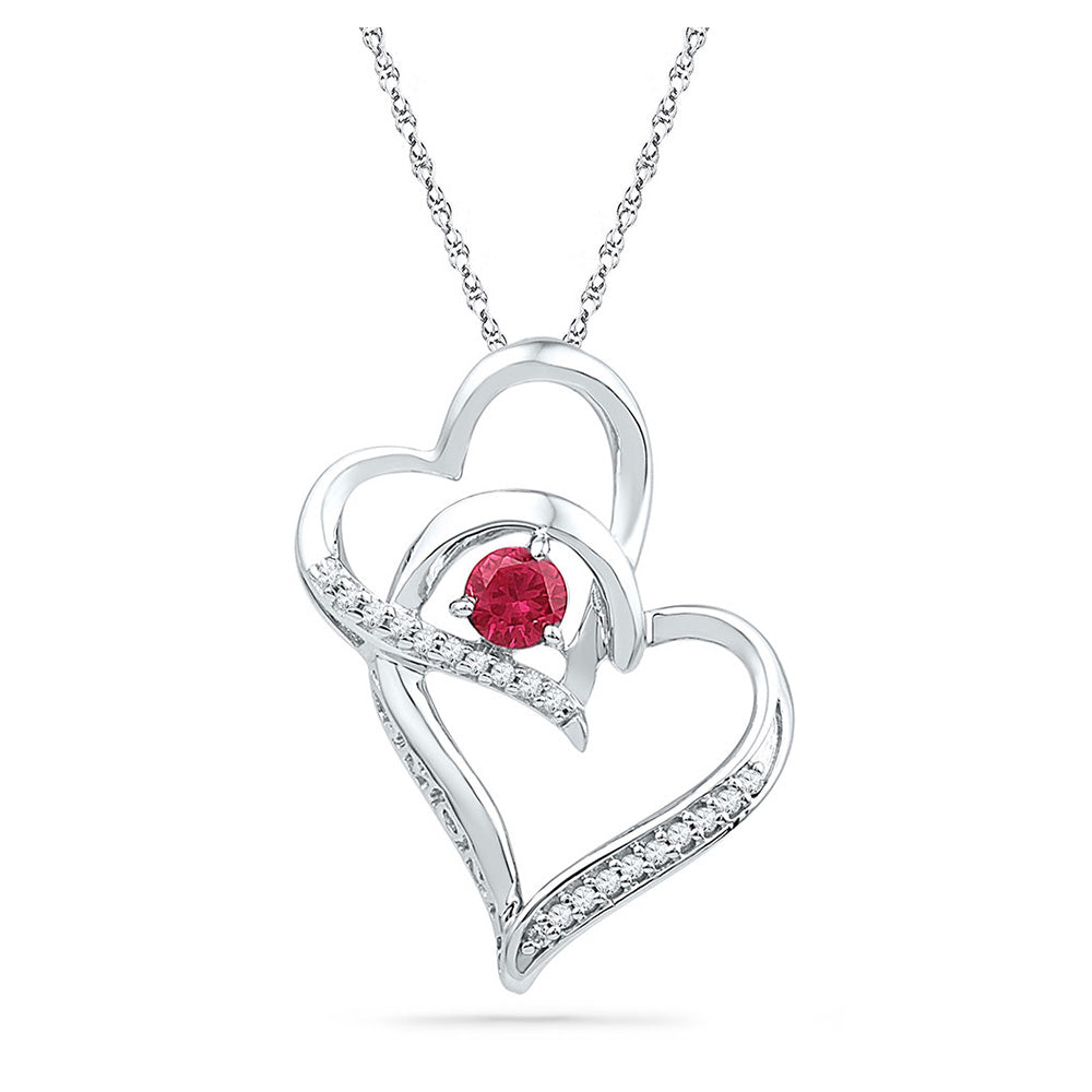 Sterling Silver Womens Round Synthetic Ruby Double Heart Pendant 1/3 Cttw