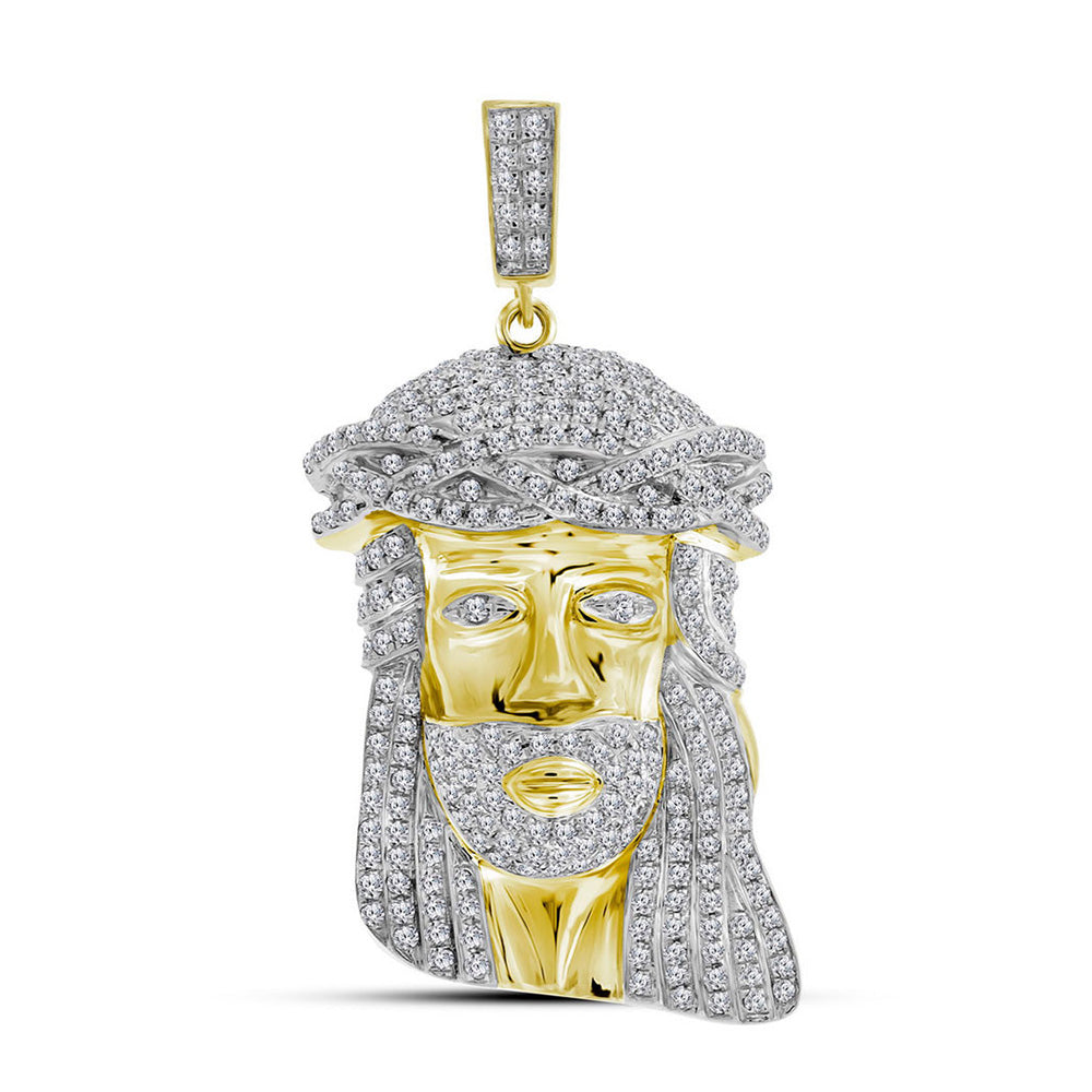 10kt Yellow Gold Mens Round Diamond Jesus Face Charm Pendant 1-1/4 Cttw