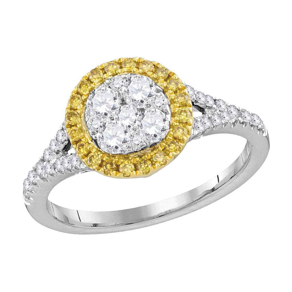 18kt White Gold Womens Round Yellow Diamond Cluster Ring 3/4 Cttw