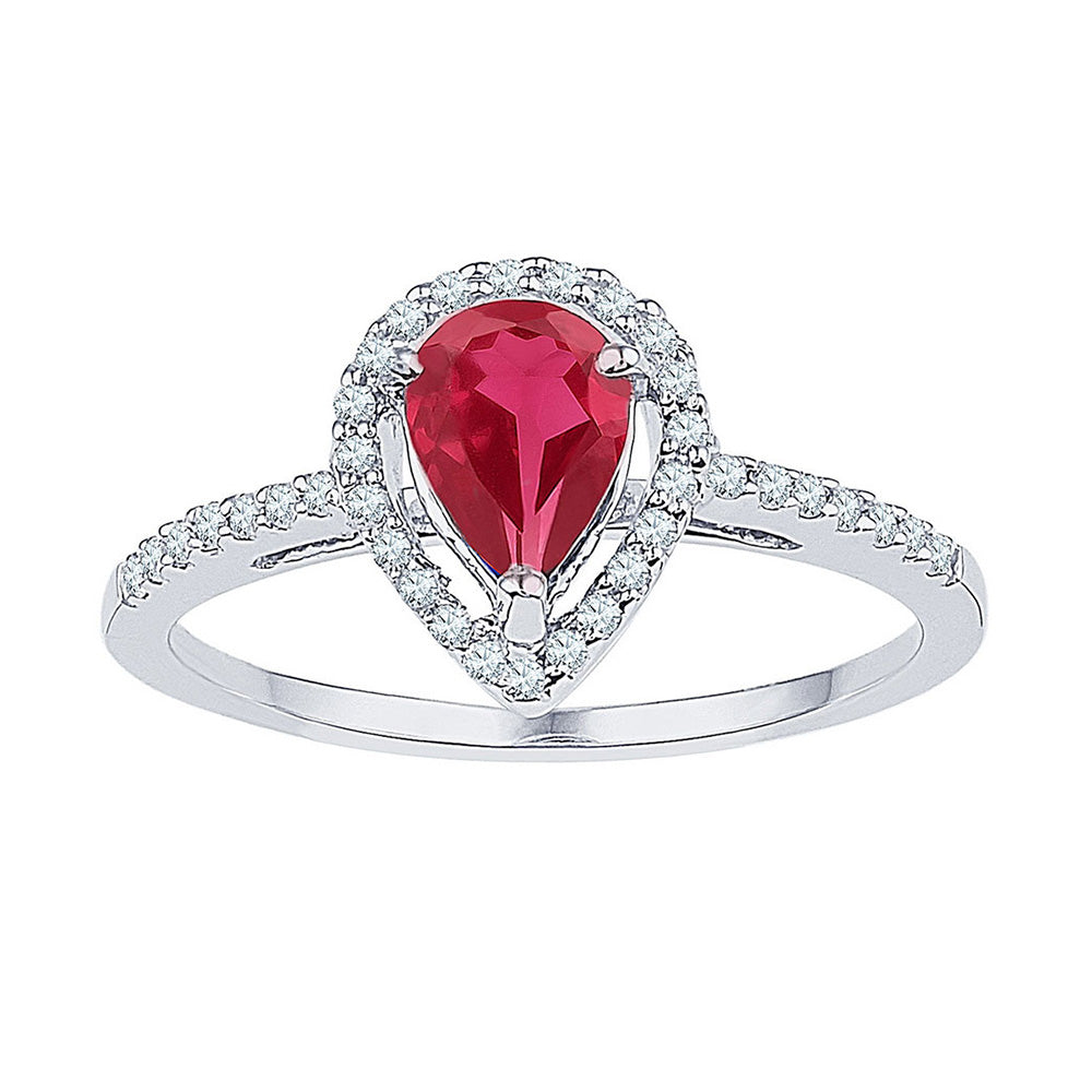 10kt White Gold Womens Pear Lab-Created Ruby Diamond Solitaire Ring 1 Cttw
