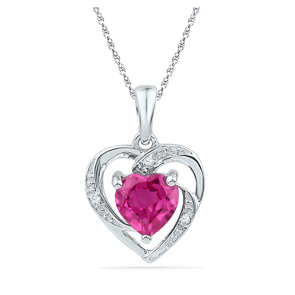 10kt White Gold Womens Round Synthetic Pink Sapphire Heart Pendant 1 Cttw