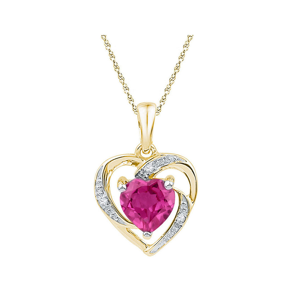 10kt Yellow Gold Womens Round Synthetic Pink Sapphire Heart Pendant 1 Cttw