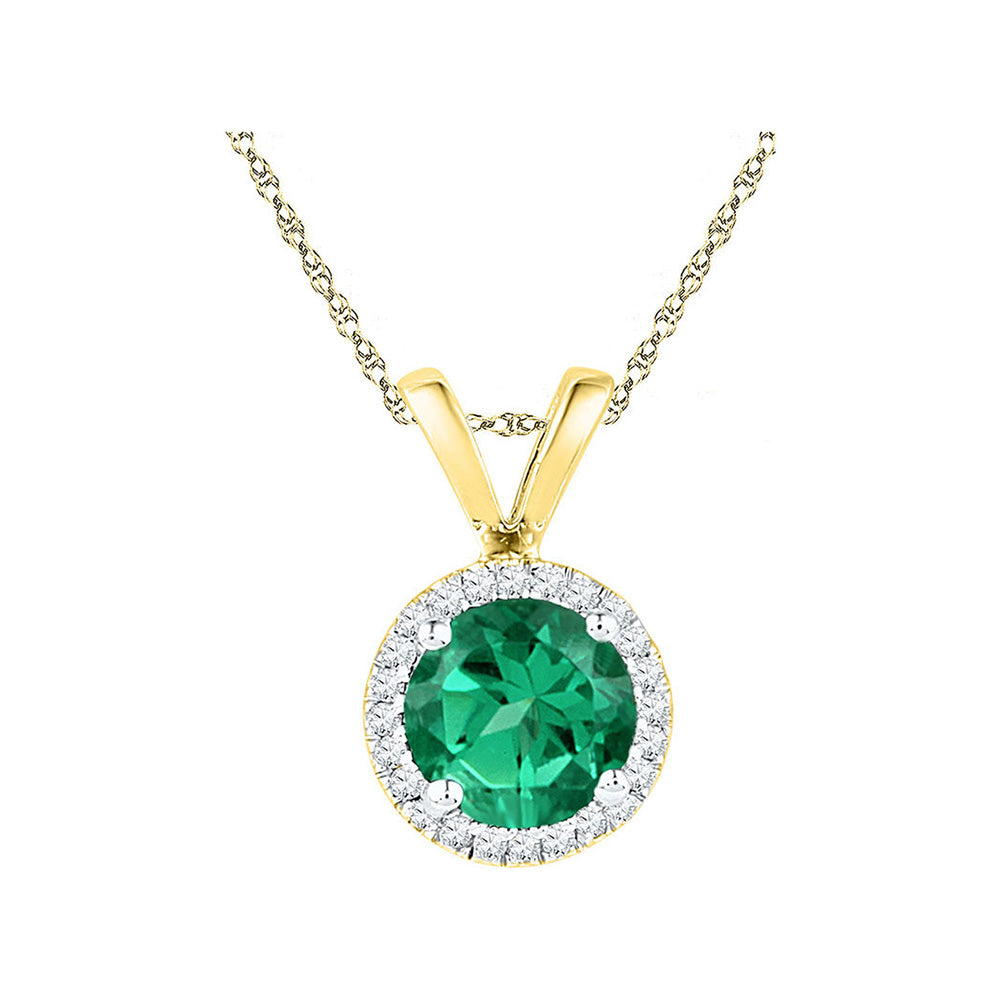 10k Yellow Gold Womens Synthetic Emerald Solitaire & Diamond Halo Pendant 7/8 Cttw