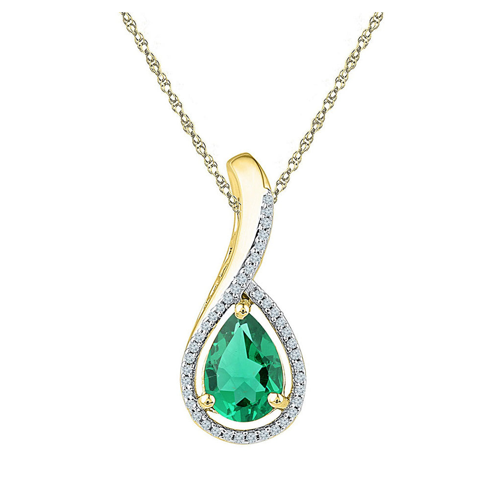 10kt Yellow Gold Womens Pear Synthetic Emerald Solitaire Diamond Pendant 2 Cttw