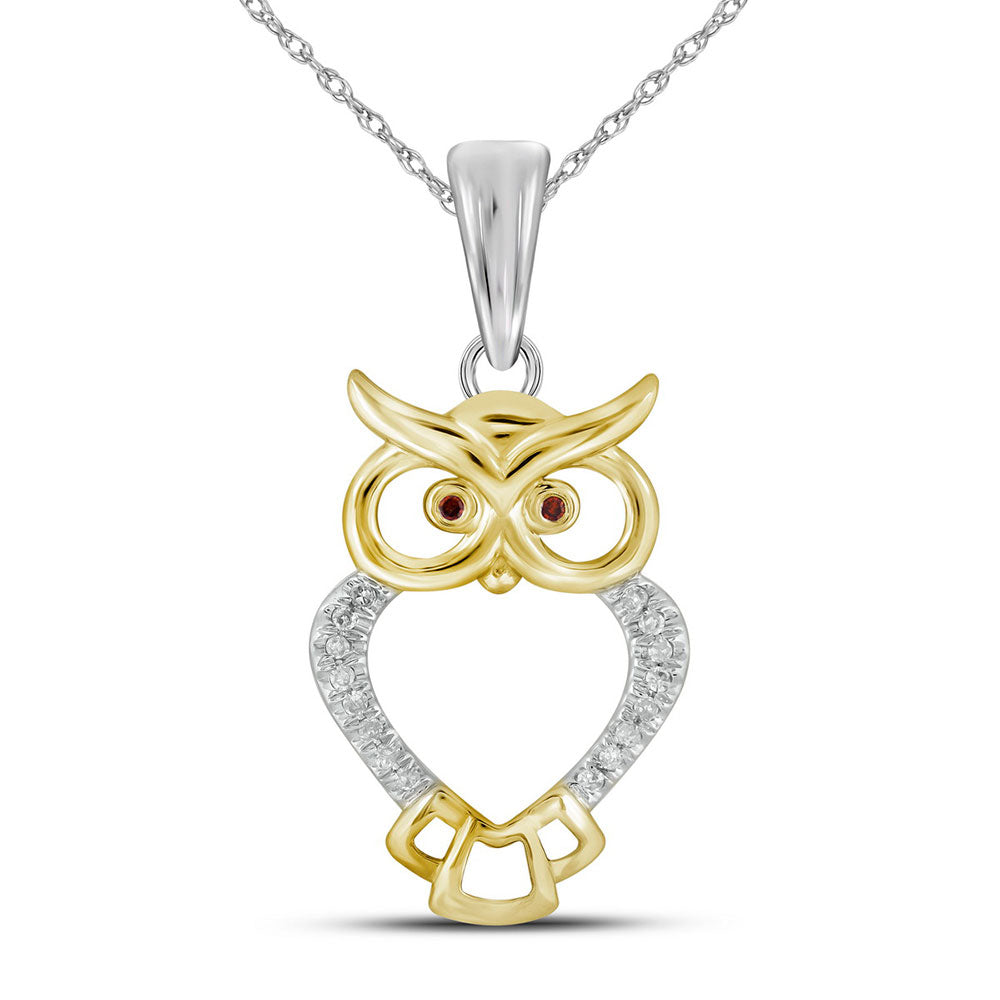 10kt Yellow Gold Womens Round Red Color Enhanced Diamond Owl Bird Animal Pendant 1/20 Cttw