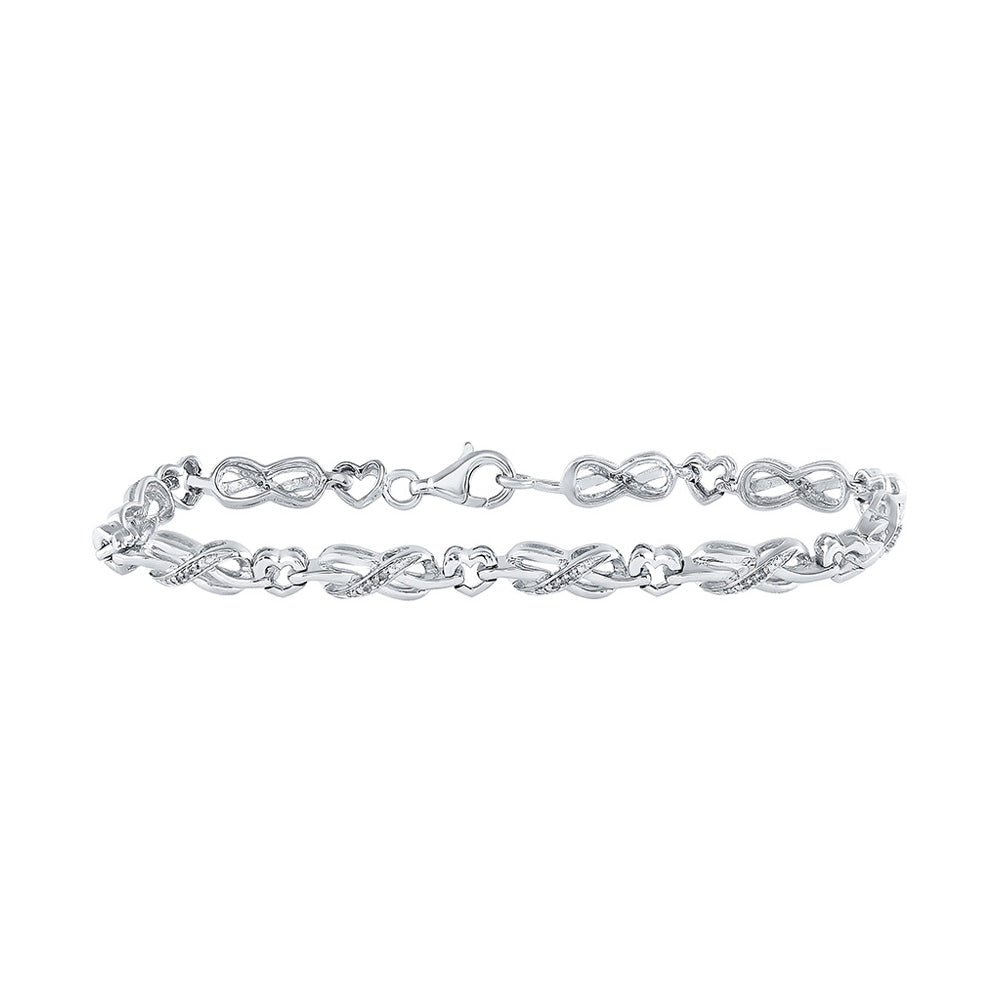 Sterling Silver Womens Round Diamond Infinity Heart Bracelet 1/10 Cttw