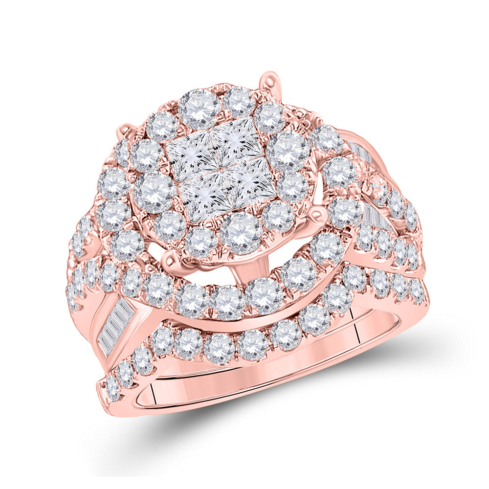 14kt Rose Gold Princess Diamond Bridal Wedding Ring Band Set 3 Cttw