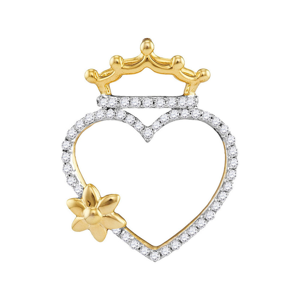 10kt Yellow Gold Womens Round Diamond Heart Crown Flower Pendant 1/4 Cttw