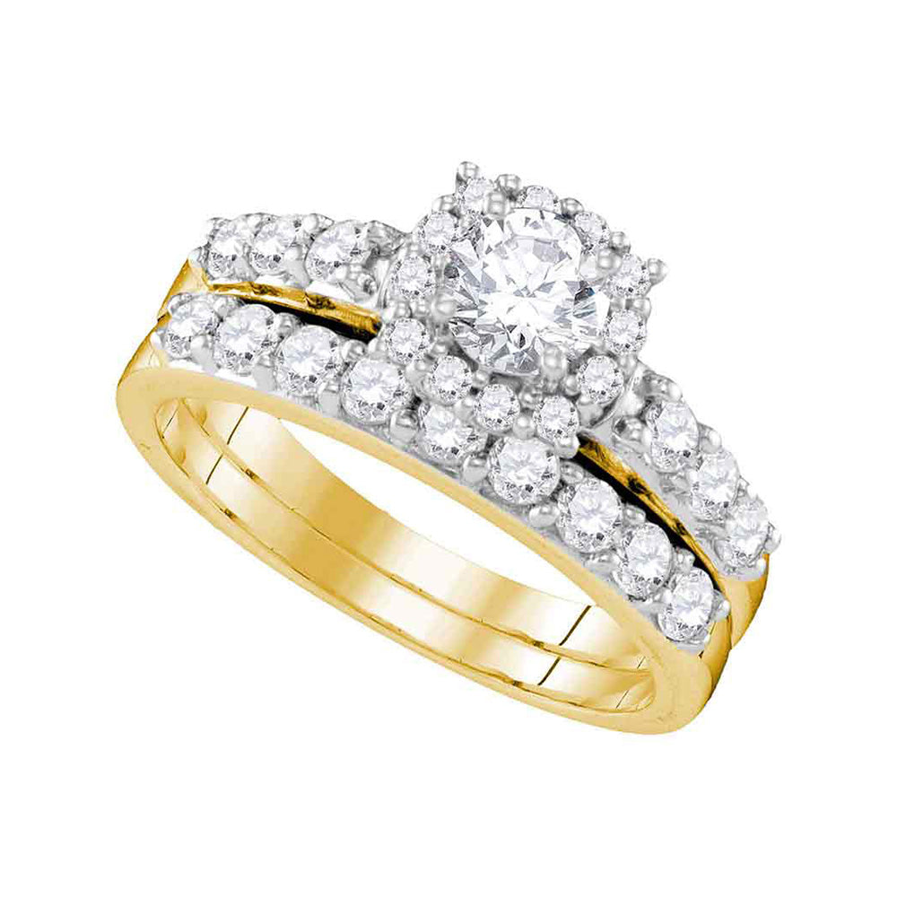 14k Yellow Gold Round Diamond Halo Bridal Wedding Ring Band Set 1-1/2 Cttw
