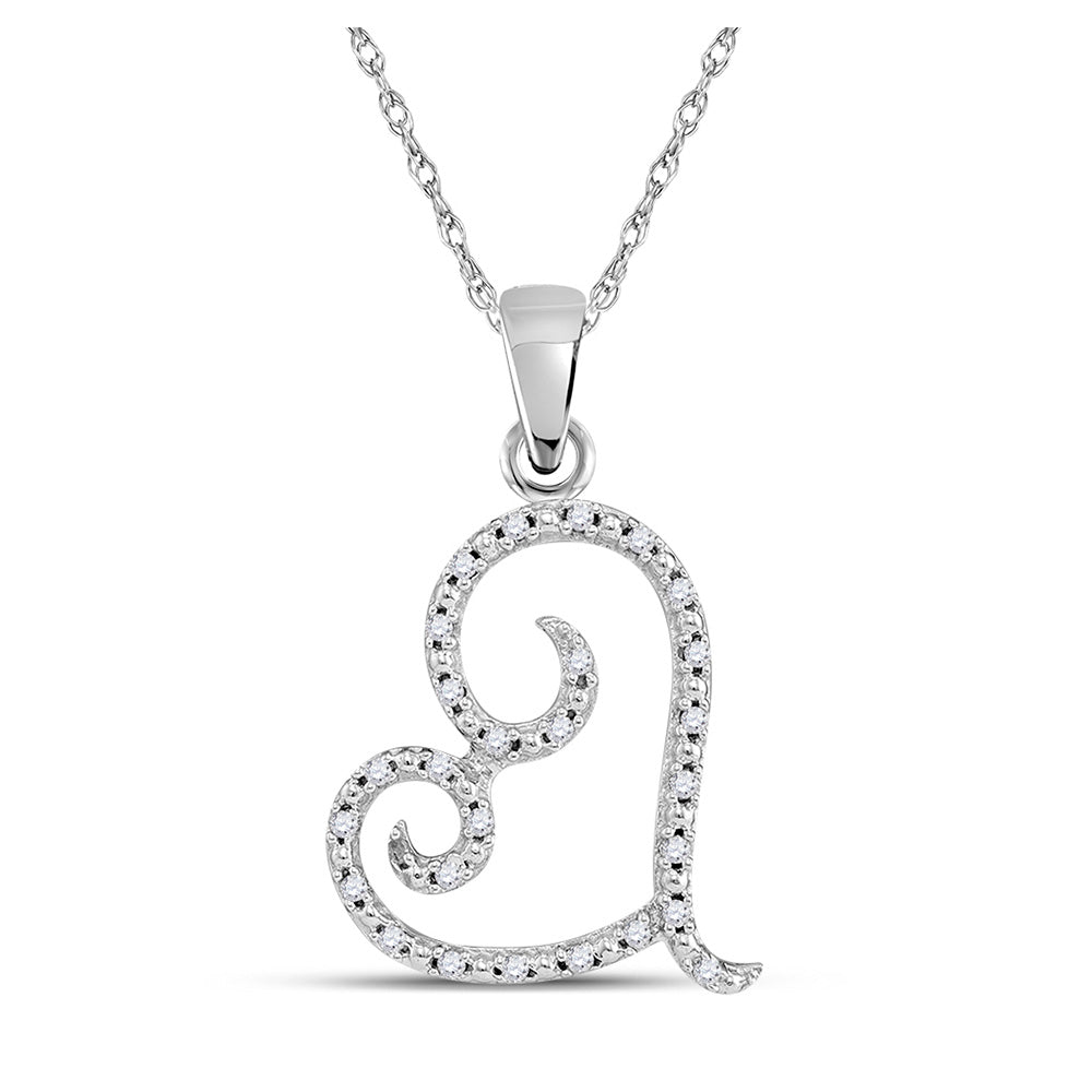 10kt White Gold Womens Round Diamond Curled Heart Pendant 1/10 Cttw