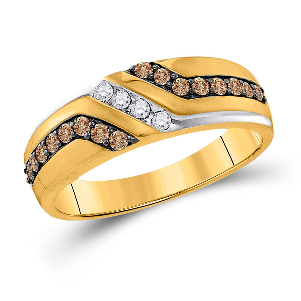 Gold Band Wedding Ring 1/3 Cttw Round Brown Diamond Mens