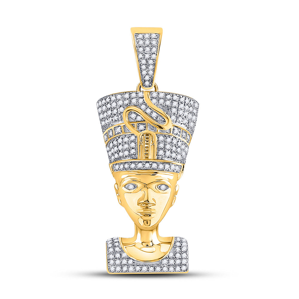 10kt Yellow Gold Mens Round Diamond Nefertiti Pharaoh Charm Pendant 5/8 Cttw