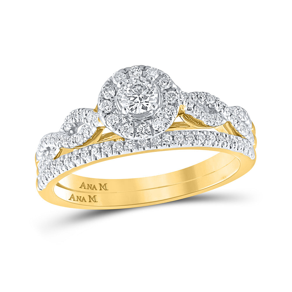 14kt Yellow Gold Round Diamond Halo Bridal Wedding Ring Band Set 1/2 Cttw