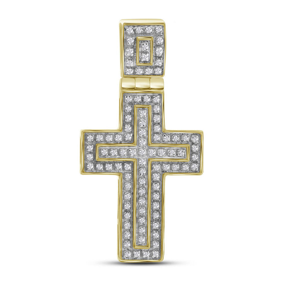 10kt Yellow Gold Mens Round Diamond Layered Cross Charm Pendant 1/4 Cttw