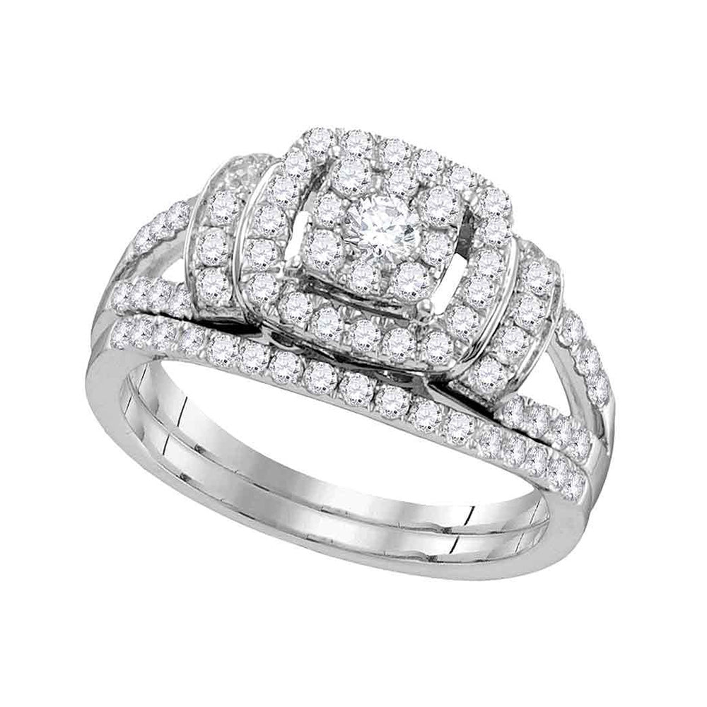 14kt White Gold Diamond Framed Cluster Bridal Wedding Ring Band Set 1 Cttw