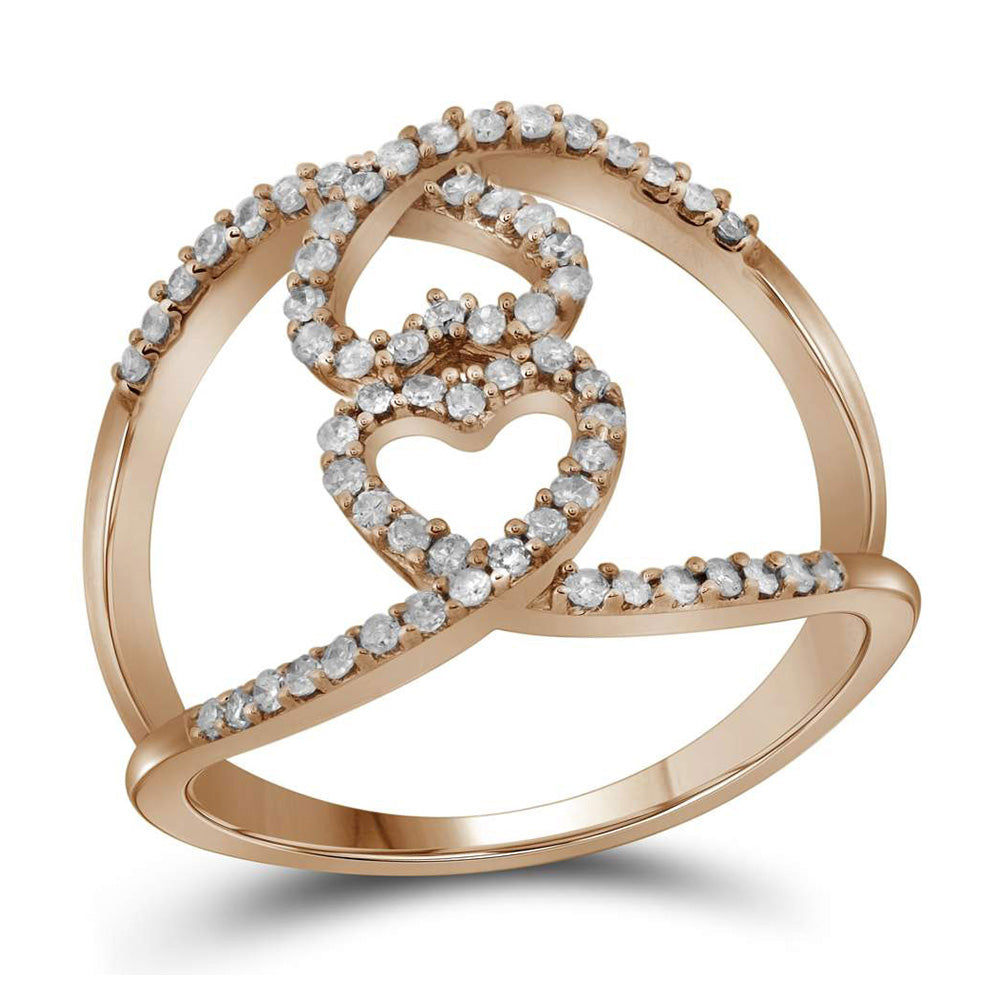 10kt Rose Gold Womens Round Diamond Open Double Heart Fashion Ring 1/3 Cttw