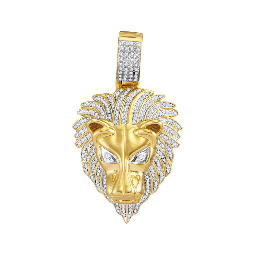 10kt Yellow Gold Mens Round Diamond Lion Head Charm Pendant 7/8 Cttw