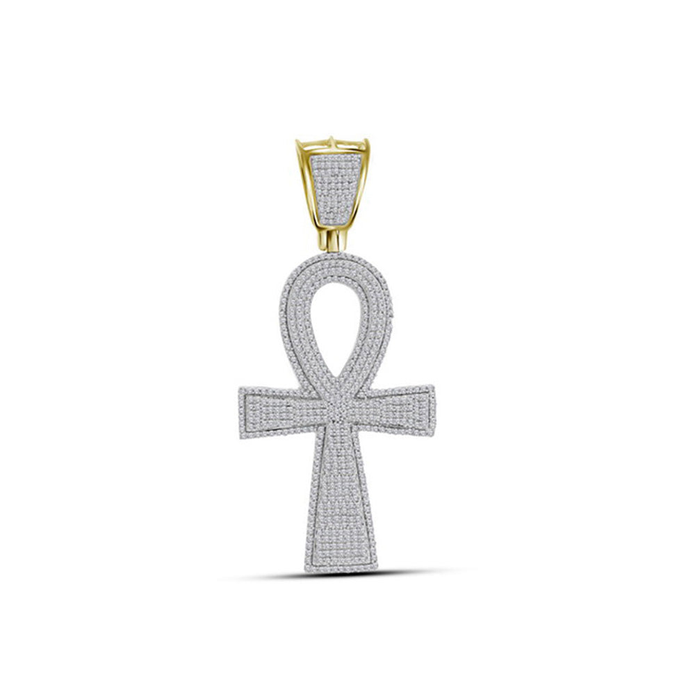 10kt Yellow Gold Mens Round Diamond Ankh Cross Charm Pendant 1-1/2 Cttw