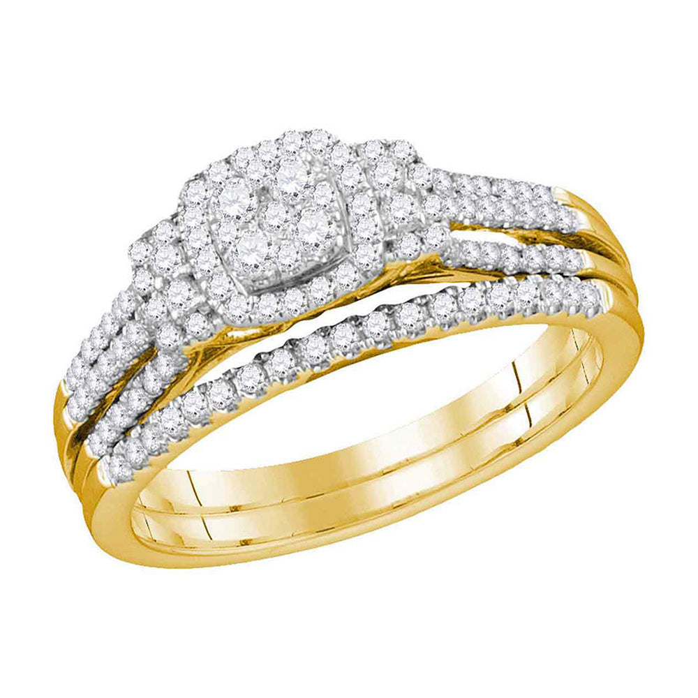 10kt Yellow Gold Round Diamond Cluster Bridal Wedding Ring Band Set 1/2 Cttw