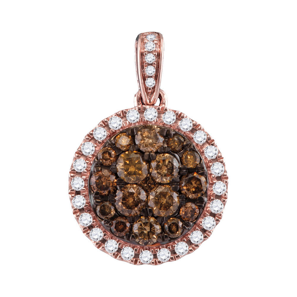 14kt Rose Gold Womens Round Brown Diamond Circle Cluster Pendant 1 Cttw