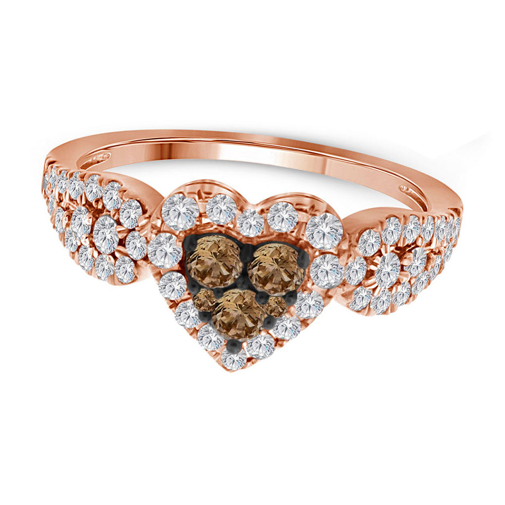 10kt Rose Gold Womens Round Brown Diamond Heart Cluster Ring 3/4 Cttw