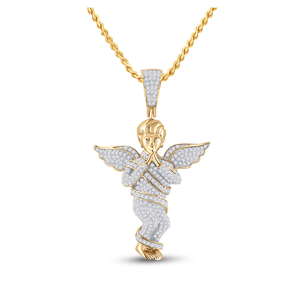 10kt Yellow Gold Mens Round Diamond Praying Angel Wings Charm Pendant 7/8 Cttw